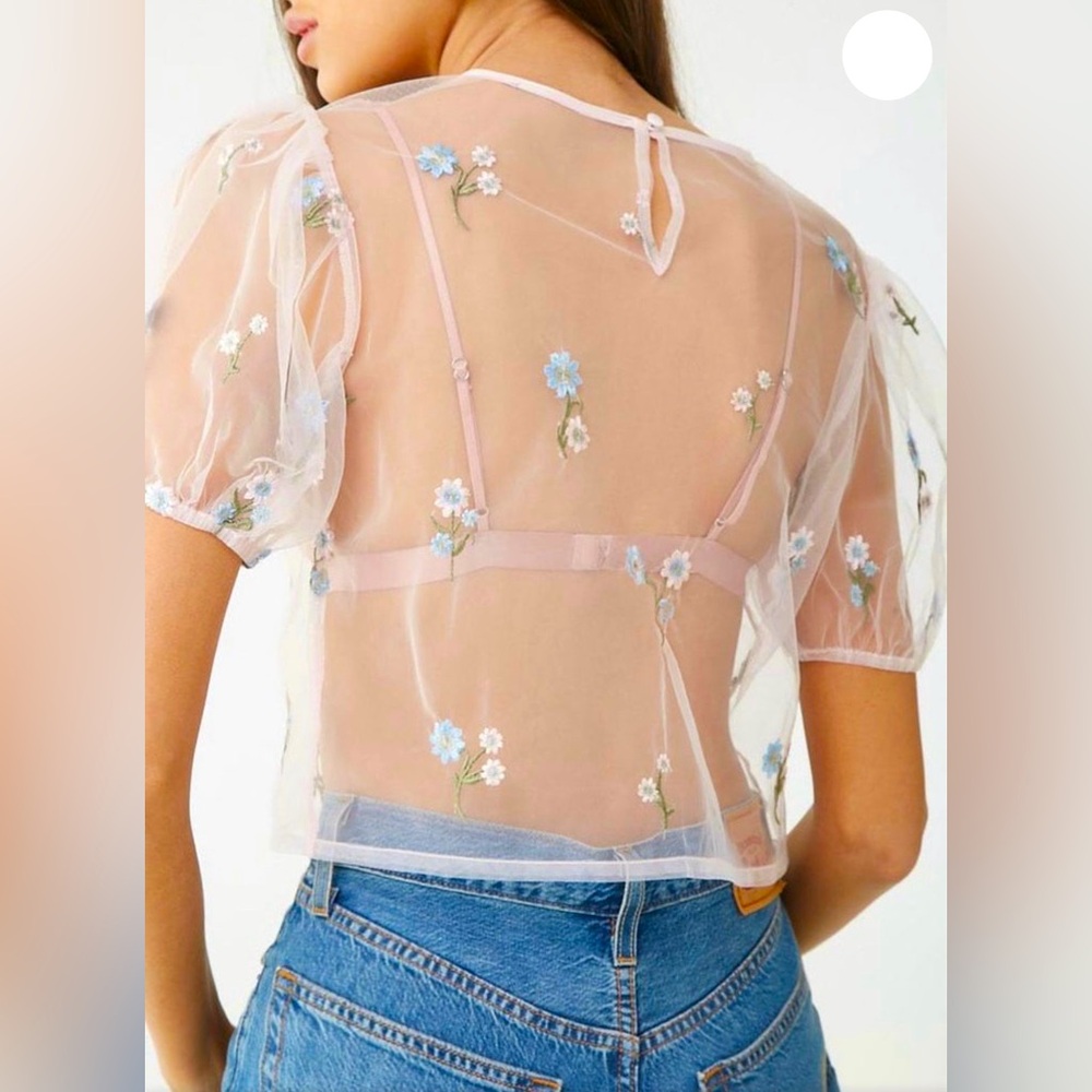 Forever 21 ShirtTops Large LightPink Embroidery Floral Sheer Croptop Puff Sleeve